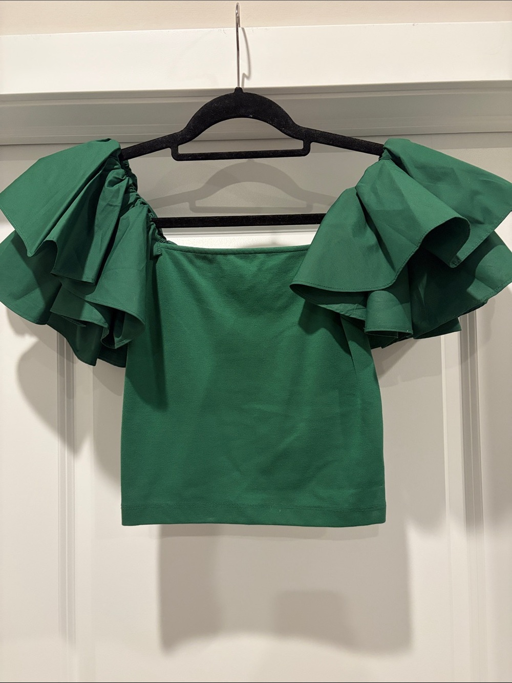 Sunday in Brooklyn Emerald Green Ruffle Off-Shoulder Crop Top